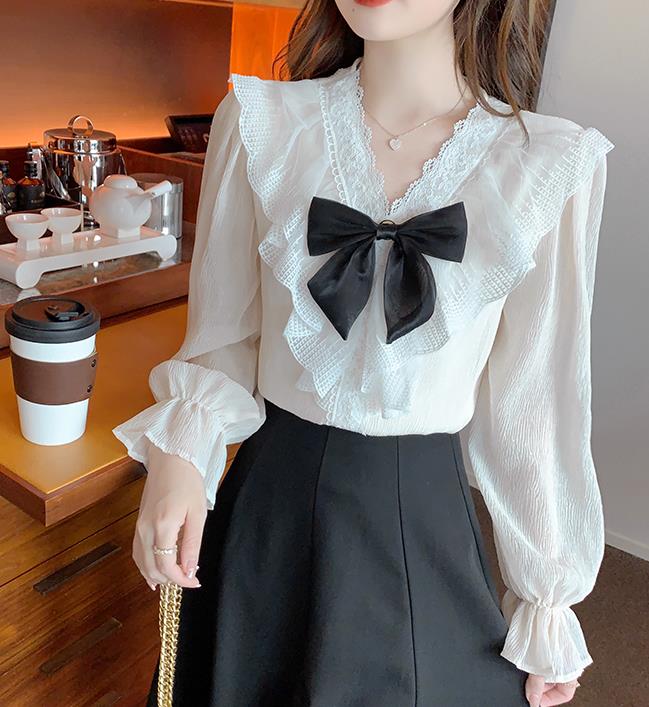 On Sale Bowknot Matching Fashion V  Collars Blouse