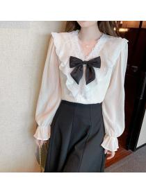 On Sale Bowknot Matching Fashion V  Collars Blouse 