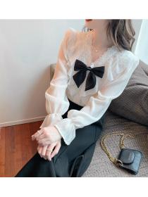 On Sale Bowknot Matching Fashion V  Collars Blouse 