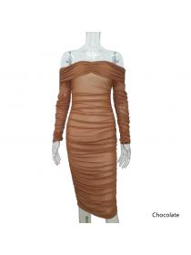 Outlet hot style Pure color sexy slim party long-sleeved off-shoulder pleated Bodycon dress