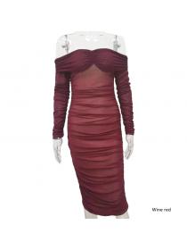 Outlet hot style Pure color sexy slim party long-sleeved off-shoulder pleated Bodycon dress