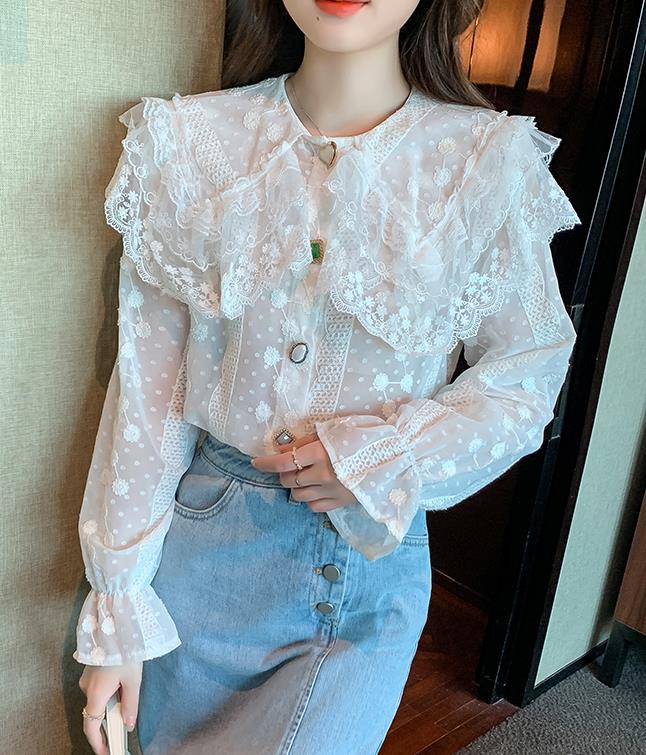 For Sale Stand Collars Lace Hollow Out Falbala  Blouse
