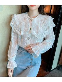 For Sale Stand Collars Lace Hollow Out Falbala  Blouse 