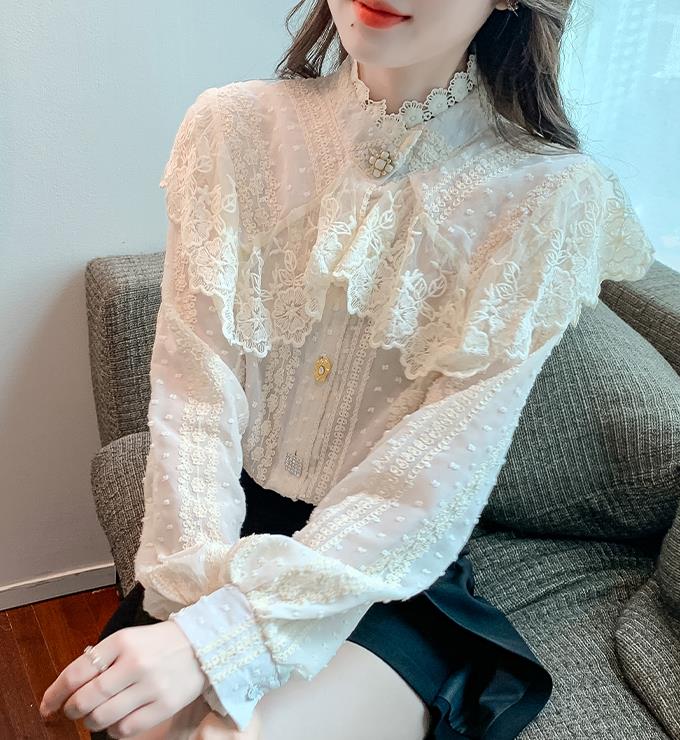 For Sale Stand Collars Lace Hollow Out Falbala  Blouse