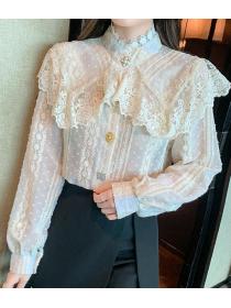 For Sale Stand Collars Lace Hollow Out Falbala  Blouse 