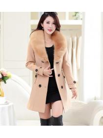 Fur Matching Pure Color Show Waist Long Coat 
