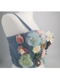 Outlet New floral denim vest short sling Bustier