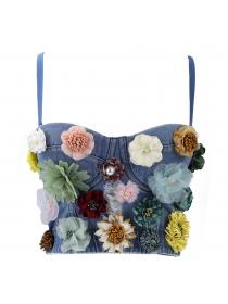 Outlet New floral denim vest short sling Bustier