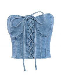 Outlet Denim cross straps casual short vest with zipper 