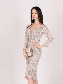 Korean Style Gauze Lace Hollow Out Slim Dress  
