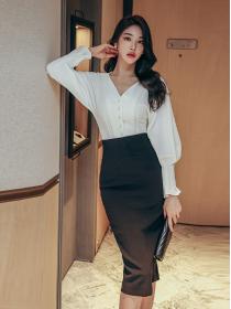 Korean Style V  Collars Button Matching Top+Slim Tall Waist Skirt 