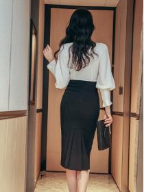 Korean Style V  Collars Button Matching Top+Slim Tall Waist Skirt 