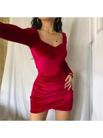 Outlet hot style Spring new Women's temperament high-waist slim-fit pleated dress