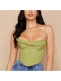 Outlet hot style European fashion women's hot models sexy satin fishbone pleated camisole