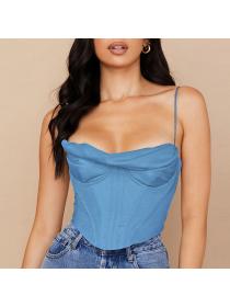 Outlet hot style European fashion women's hot models sexy satin fishbone pleated camisole