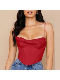 Outlet hot style European fashion women's hot models sexy satin fishbone pleated camisole