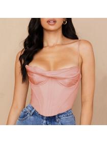 Outlet hot style European fashion women's hot models sexy satin fishbone pleated camisole