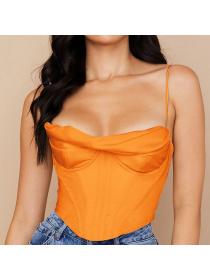 Outlet hot style European fashion women's hot models sexy satin fishbone pleated camisole