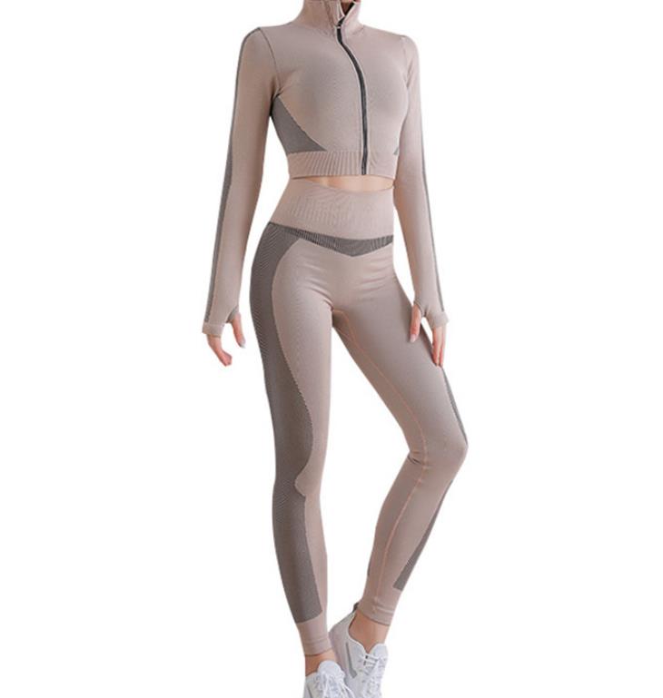 Zipper Stripe Long-sleeved Top +Tigh Waist Hip-lifting Fitness Exercise Leggings