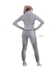 Zipper Stripe Long-sleeved Top +Tigh Waist Hip-lifting Fitness Exercise Leggings