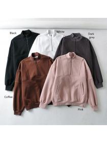 Outlet Vintage style loose velvet stand-up collar half zipper long-sleeved sports sweater 