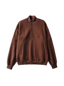 Outlet Vintage style loose velvet stand-up collar half zipper long-sleeved sports sweater 