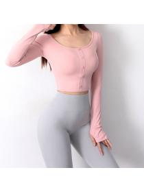 Outlet Button-decorated sports t-shirt women's tight-fitting elastic quick-drying running yoga top