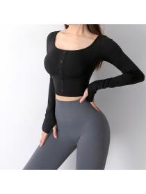 Outlet Button-decorated sports t-shirt women's tight-fitting elastic quick-drying running yoga top