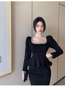 Outlet Korean fashion puff sleeve rhinestone square-neck fishtail top + Slit Skirt