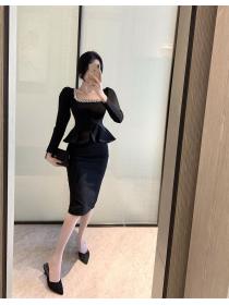 Outlet Korean fashion puff sleeve rhinestone square-neck fishtail top + Slit Skirt