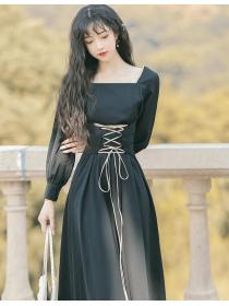 Outlet Korean fashion vintage style temperament pleated chiffon slim long-sleeved dress