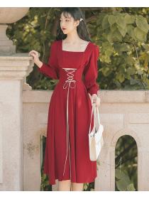 Outlet Korean fashion vintage style temperament pleated chiffon slim long-sleeved dress