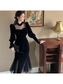 Outlet New Vintage style slim velvet mesh bottoming dress