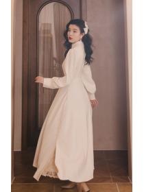 French Vintage High Slit Lace Pearl Turtleneck Dress
