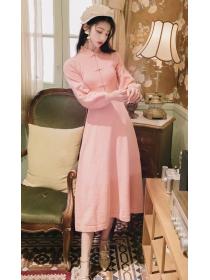  French Vintage High Slit Lace Pearl Turtleneck Dress
