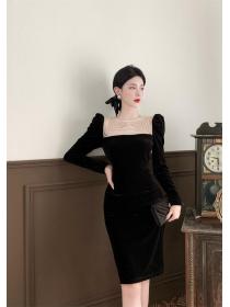 Outlet Elegant style Puff-sleeve Pearl-neck Velvet Slim-waist Dress