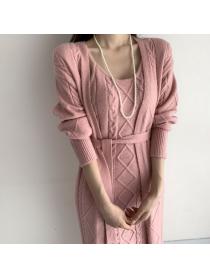 Outlet Fashion style cardigan sweater + knitted suspender dress/a set