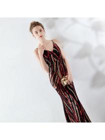 Outlet High-end sequins striped slim evening dinner dress suspenders long dress for women