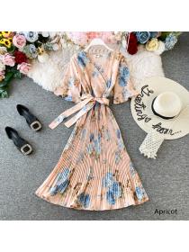 Outlet Summer new style Fashion temperament chiffon Floral printed V-neck Short-sleeved dress