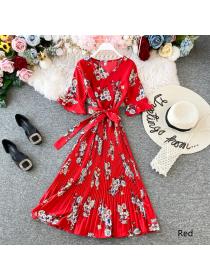 Outlet Summer new style Fashion temperament chiffon Floral printed V-neck Short-sleeved dress