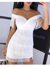 Outlet hot style White Off-shoulder Tassel Sexy Bodycon dress 