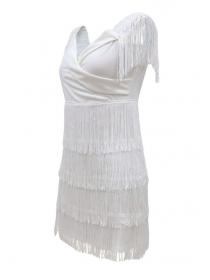 Outlet hot style White Off-shoulder Tassel Sexy Bodycon dress 