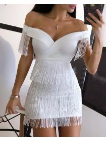 Outlet hot style White Off-shoulder Tassel Sexy Bodycon dress 