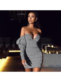 Outlet hot style Sexy Plaid High-waist Hip-full Strapless Bodycon dress