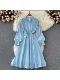 Outlet Ruffled stand collar long-sleeved chiffon dress women's spring new slim A-line dress