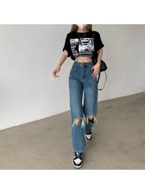 Outlet Korean fashion trendy ripped loose wide-leg trousers jeans