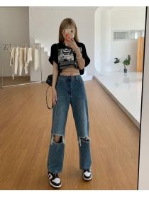 Outlet Korean fashion trendy ripped loose wide-leg trousers jeans