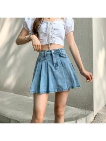 Outlet High Waist Sexy A-Line Pleated Washed Denim Skirt