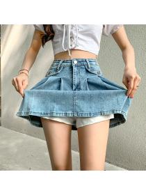 Outlet High Waist Sexy A-Line Pleated Washed Denim Skirt