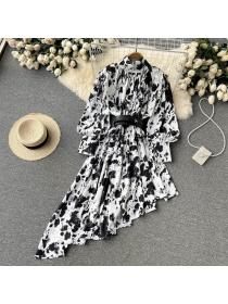 Outlet high neck pleated dress Korean fashion temperament printing holiday beach dress